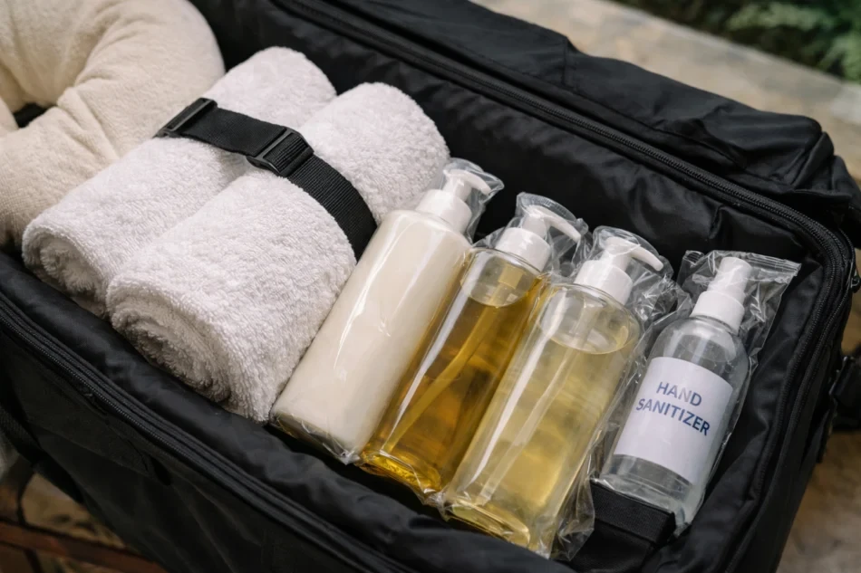 close-up of professional massage kit with clean linens, sealed oils, and sanitizer in a bag