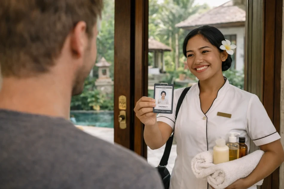 professional massage therapist in uniform showing ID to guest at villa door in Bali