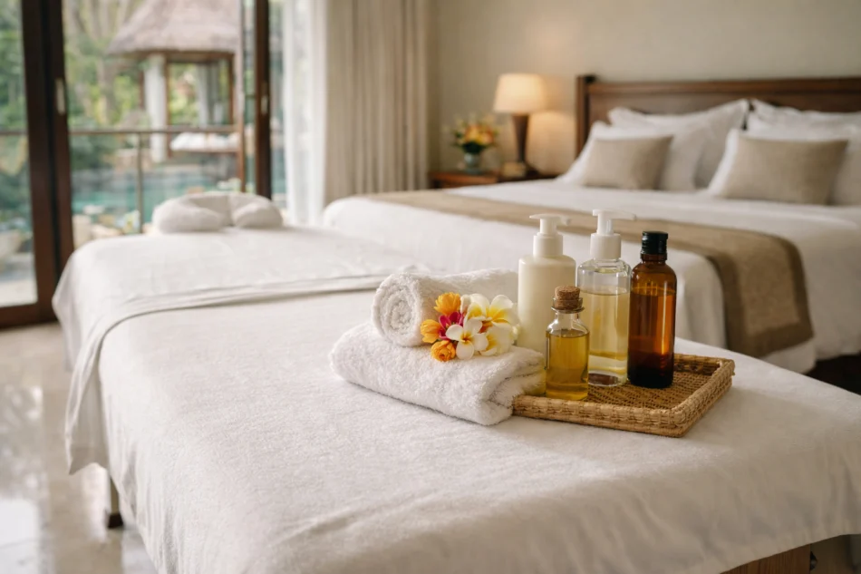 setup of a professional massage table with towels and oils in a bright, clean hotel room in Bali
