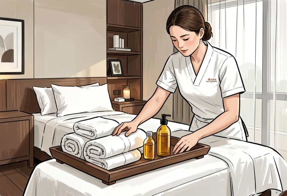 A professional massage therapist preparing clean towels and oils in a modern hotel room setting