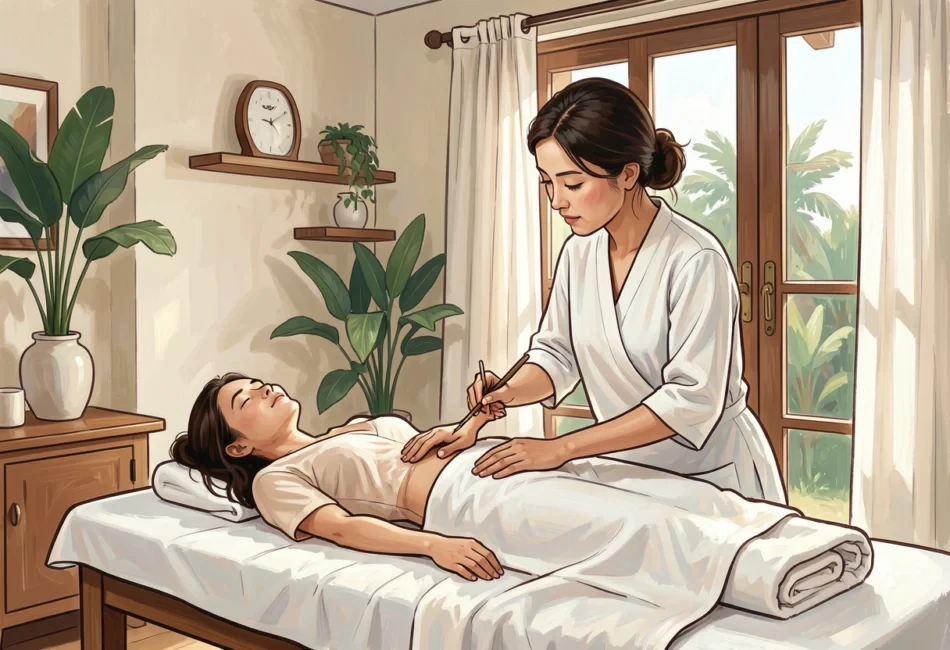 A professional therapist using high quality oils for a traditional massage in a clean villa setting