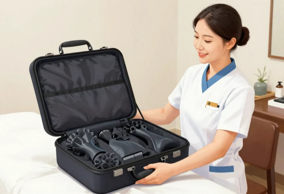 A therapist smiling while holding a professional massage kit