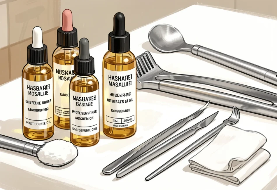 Close up of high quality massage oils and sanitized professional kit