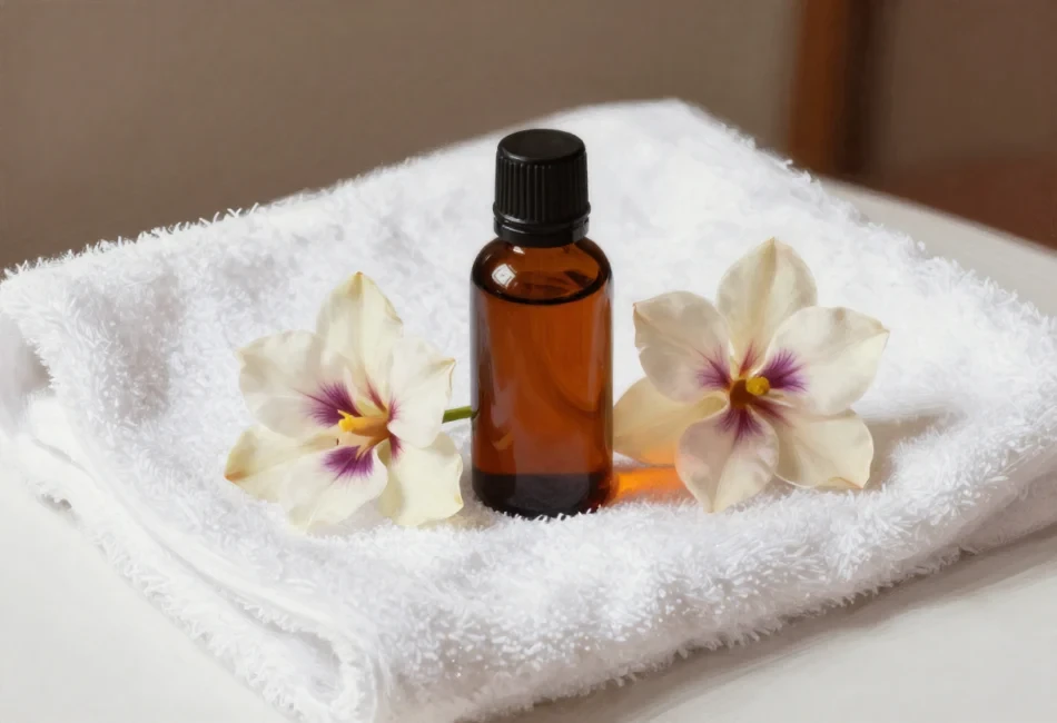 Close up of natural Balinese massage oils and flowers on a clean white towel