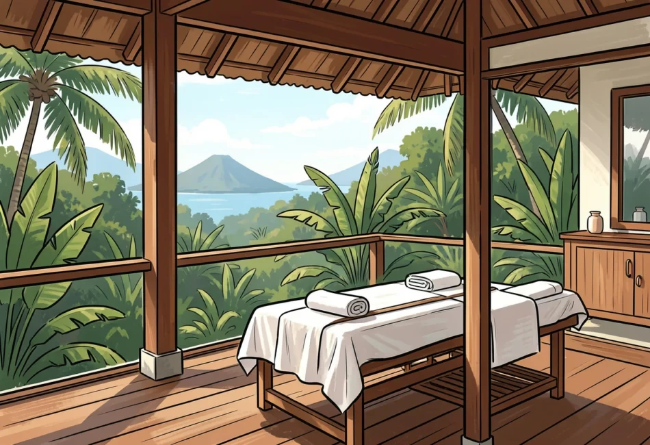 Peaceful Bali villa terrace with a massage setup overlooking tropical greenery