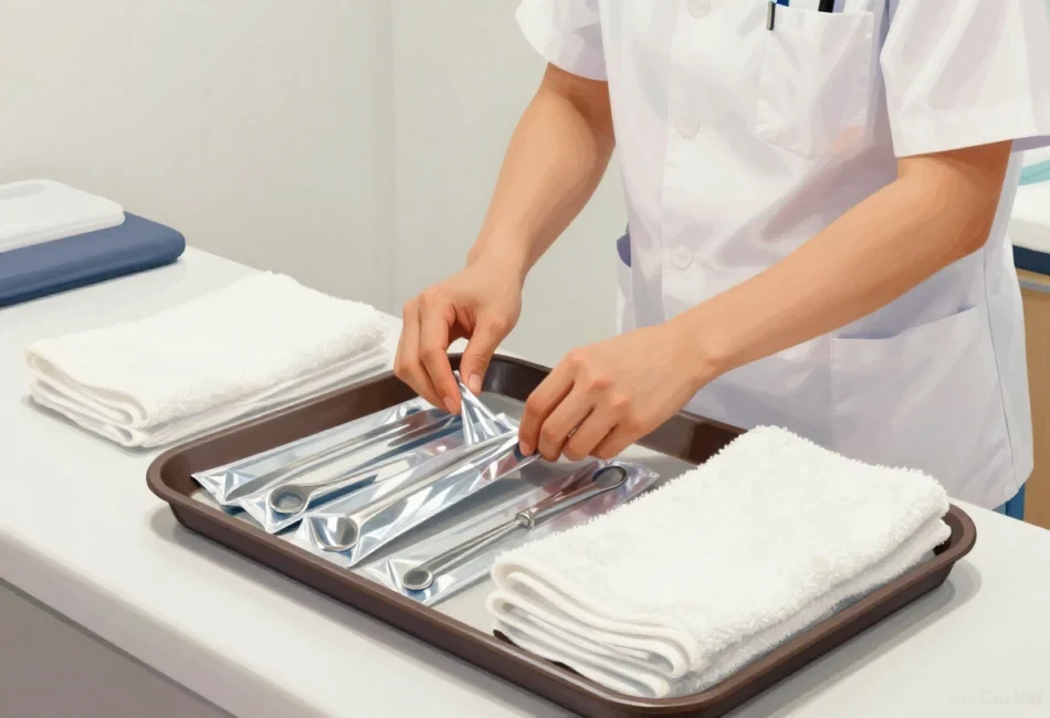 Professional therapist preparing clean equipment and fresh towels